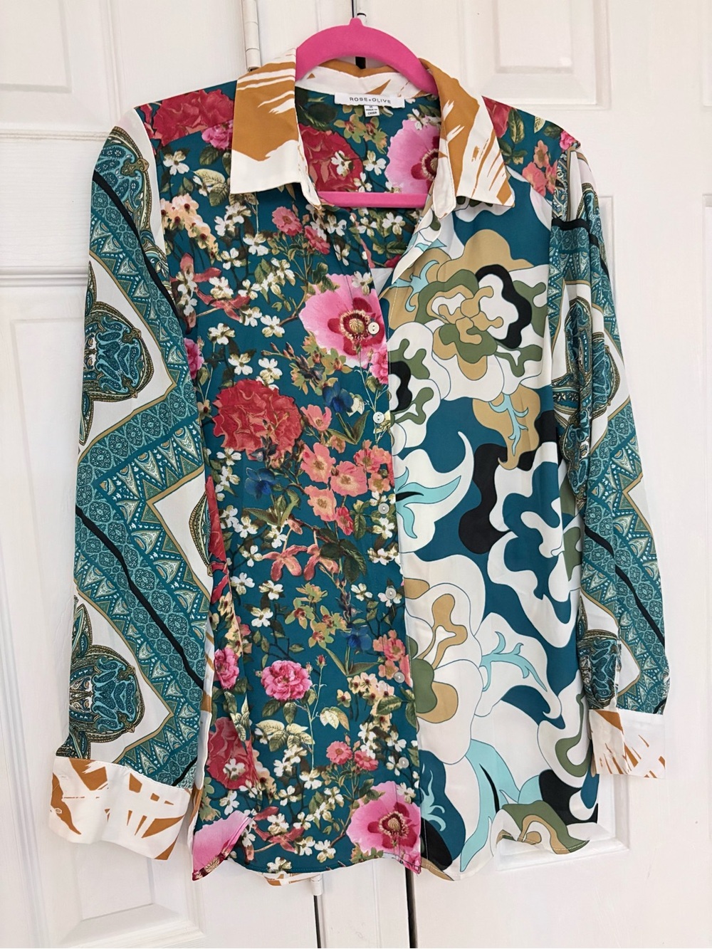 Beautiful rose & olive Mixed Floral & Abstract Button-Up Blouse - Teal Multi - m